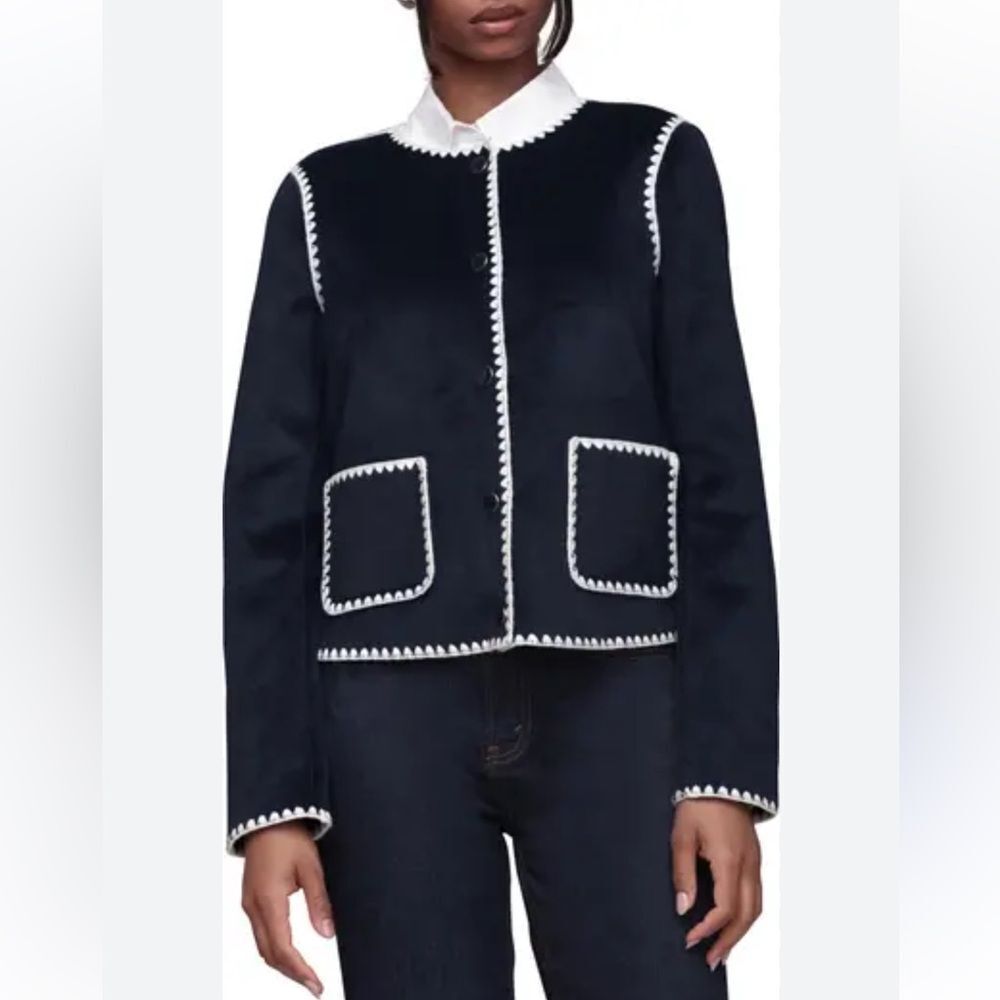 BAGATELLE L Navy White Trim Patch Pocket Snap Front Brushed Woven Jacket